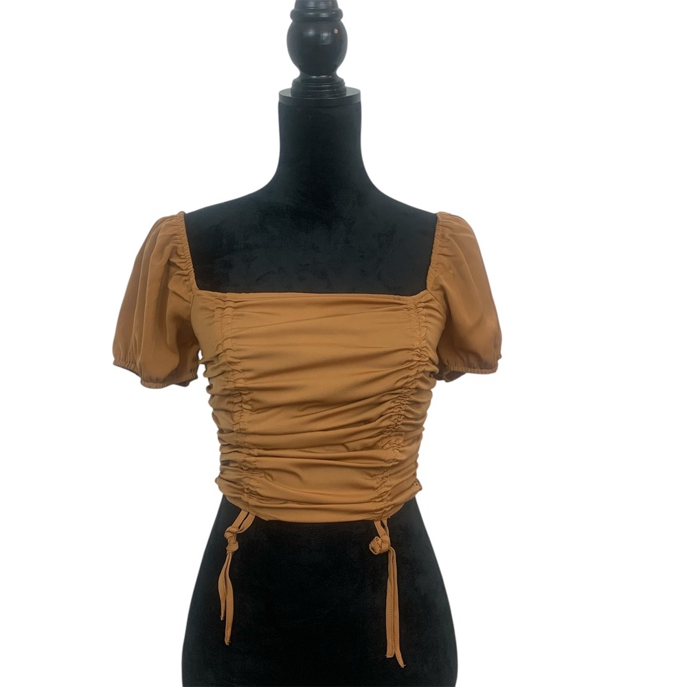 Forever 21 Women's S Brown Ruched Square Neck Puff Sleeve Crop Top‎
